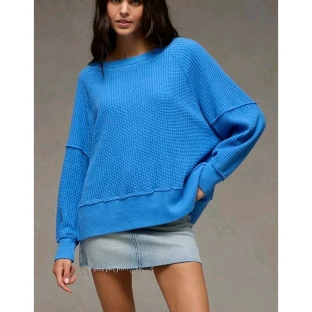 American Eagle Women Small Blue Waffle Knit Big Hug Oversized Thermal Sweatshirt